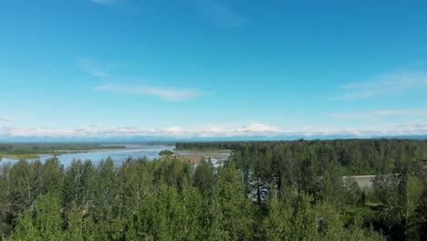 4K-Drone-Video-of-Susitna-River-with-Denali-Mountain-in-Distance-on-Alaska-Summer-Day
