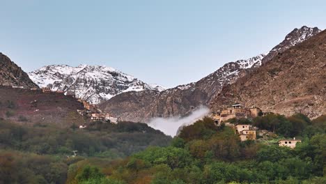 Morning-fog-under-Jebel-Toubkal-in-Imlil-valley,-Morocco,-Time-Lapse