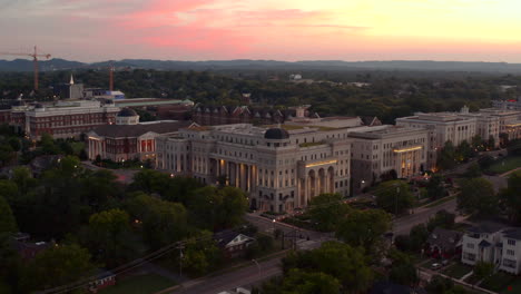 Aerial-view-of-Belmont-University-in-Nashville,-TN-at-sunset