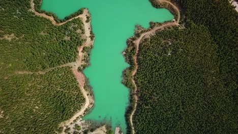 Turquoise-water-in-a-mountain-forest-lake-with-pine-trees