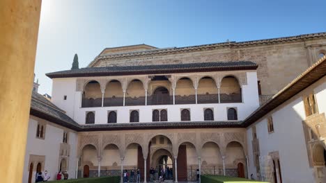 Tilt-down-shot-of-the-Court-of-the-Myrtles-or-Patio-de-los-Arrayanes-in-the-Alhambra,-Spain
