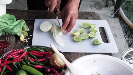 Outdoor-Kitchen-woman-hands-with-knife-slicing-onions---colorful-ingredients-on-table