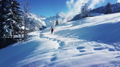 Mujer-Caminando-Sobre-La-Nieve-Con-Bastón-Y-Raquetas-De-Nieve