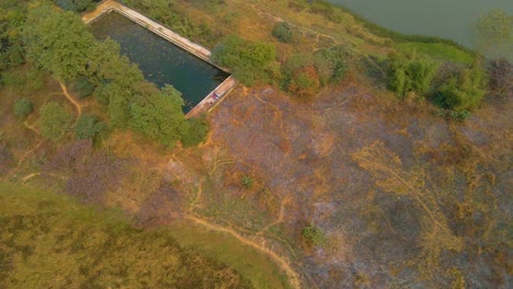 Aerial-view-of-an-old-abandoned-swimming-pool-surrounded-by-nature-in-India
