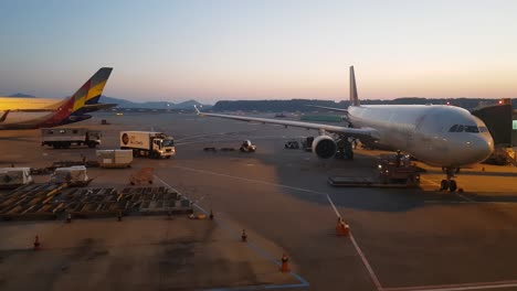 Eine-Person-Fährt-Bei-Sonnenuntergang-Am-Internationalen-Flughafen-Incheon,-Südkorea,-Einen-Flugzeugcontainer-Und-Einen-Palettenlader-In-Das-Flugzeug