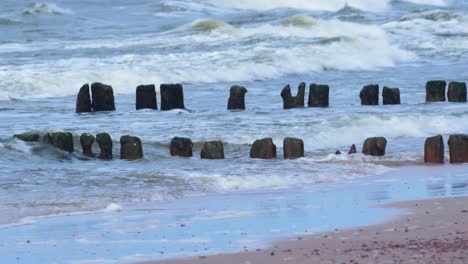 Stormy-waves-breaking-against-old-wooden-pier-on-the-beach,-overcast-spring-day,-Baltic-sea,-Latvia,-Pape,-medium-closeup-shot-from-a-distance