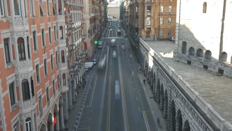 Genoa-Via-XX-Settembre-city-street-and-cars-traffic-timelapse-in-Liguria,-Italy