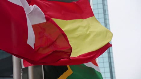 Slow-motion-national-flags-of-Switzerland,-Spain,-South-Africa,-and-Saudi-Arabia-are-seen-waving-in-the-wind-in-Hong-Kong