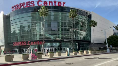 Staples-Center-downtown-Los-Angeles,-low-angle-view-during-clear-afternoon,-home-of-Lakers-and-Clippers