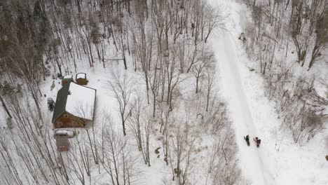 Snowmobiles-stop-along-road-outside-house-in-wilderness-Aerial-view