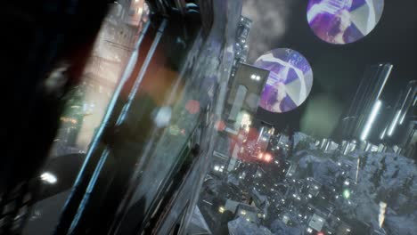 CGI-environment-of-rainy-day-at-a-sci-fi-slumbs-and-giant-roatating-wheel