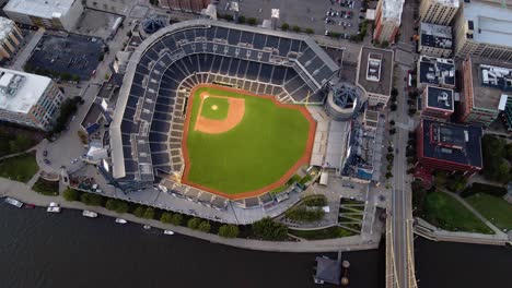 Aerial-view-over-the-PNC-Park,-Pittsburgh-Pirates-MLB-ballpark,-in-USA---tilt,-drone-shot
