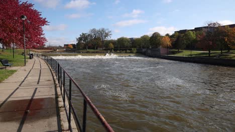 Flint-River-and-dam-in-Flint,-Michigan-gimbal-video-walking