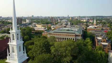 Low-Aerial-Flight-Above-Harvard-Yard-and-Harvard-Library-on-Summer-Day