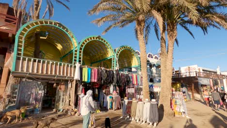 Schwenkaufnahme-Des-ägyptischen-Basars-Auf-Einer-überfüllten-Straße,-Touristischer-Ort