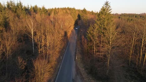 A-white-car-driving-past-a-gravel-parking-lot-next-to-a-secluded-forest-road-during-a-colourful-winter-sunset