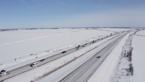 Aerial-footage-of-packed-highway-417-from-freedom-convoy-2022-headed-to-ottawa,-ontario