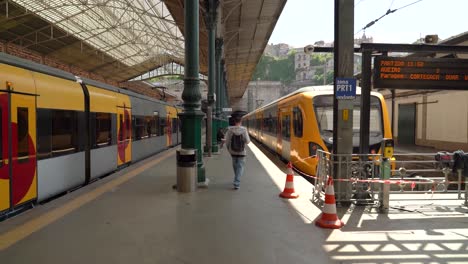 Trains-on-Sao-Bento-Railway-Station-on-Railway-on-a-Sunny-Bright-Day