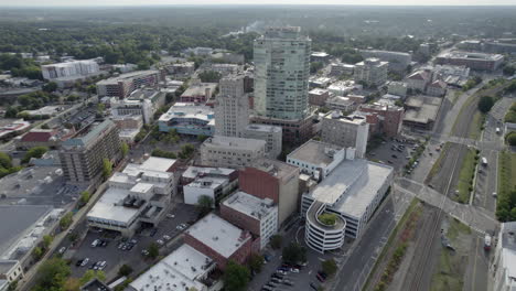 Aerial-drone,-Durham-North-Carolina,-USA,-downtown,-cityscape
