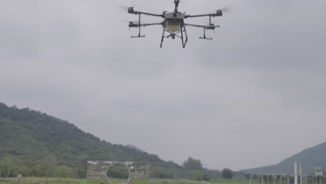 Drones-Agrícolas-Volando-En-El-Aire,-Rociando-Pesticidas-Líquidos-Sobre-Campos-De-Arroz-En-China