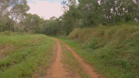 Point-of-View-of-hikers-walking-along,-old-rail-line,-as-male-on-bike-rides-passed-them,-Brisbane-Valley-Rail-Trail,-Qld-4K