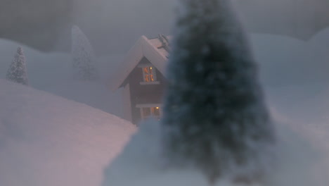 Cute-Miniature-Winter-Cabin-in-extreme-snow-blizzard-storm,-reveal-shot