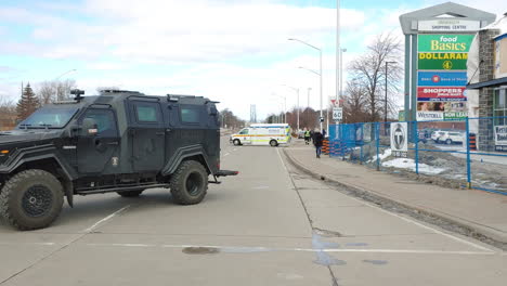 A-heavy-armed-police-truck-appears-at-Freedom-convoy-in-Windsor,-Ontario,-Canada