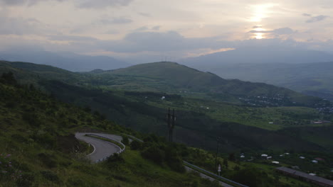 Dusk-over-Akhaltsikhe-region-with-hills,-roads-and-towns,-Georgia