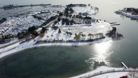 Aerial-view-of-a-frozen-harbor-in-Mississauga-in-winter