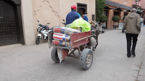 Hombre-En-Carro-Con-Burro-Trabajando-En-Calles-De-Marrakech-Medina-Slomo