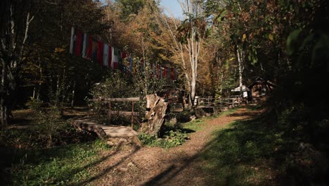 Holzbrücke-Und-Häuser-In-Einem-Herbstlichen-Wald
