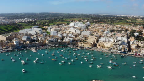 Panoramic-Aerial-View-Of-The-Port-Of-Marsaxlokk-In-Malta