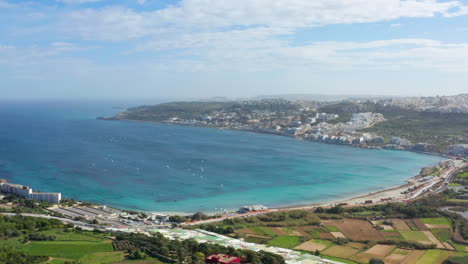 Panoramic-Aerial-View-Of-Mellieha-Bay-In-Malta,-Europe