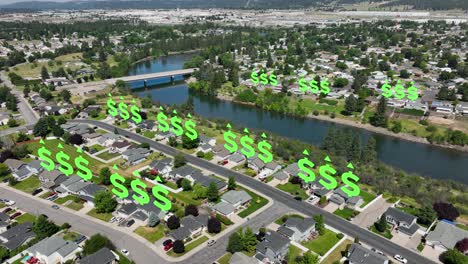 Aerial-view-of-Spokane,-Washington's-suburban-neighborhoods-with-dollar-signs-appearing-over-houses-to-represent-the-rising-market-rates