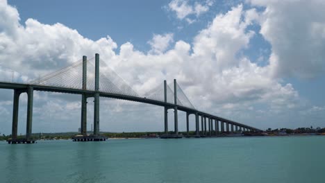 Pan-right-shot-of-the-Newton-Navarro-Bridge,-the-largest-cable-stayed-bridges-in-Brazil