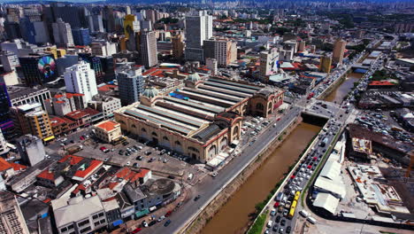 Drone-shot-circling-the-Municipal-Market-of-Sao-Paulo,-in-sunny-Brazil,-South-America
