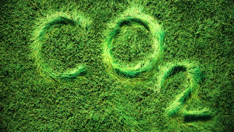 3d-animation-imprint-of-the-word-"CO2"-on-a-topview-of-a-green-grass-field,-blades-of-grass-subtle-waving-in-the-wind-and-air,-motion-graphics-letters-get-minted-on-the-grass