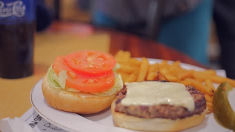 Teller-Saftiger-Burger-Mit-Knusprigen-Pommes-Als-Beilage,-Perfekte-Kombination-Aus-Herzhaften-Und-Salzigen-Aromen