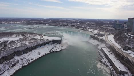 Wide-aerial-pull-out-of-Niagara-Falls-and-surroundings-in-winter