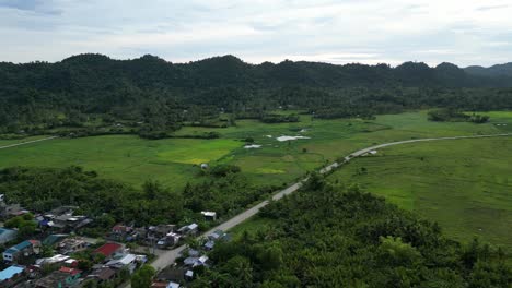 Aerial-establishing-shot-of-rural-island-town-connected-to-long-winding-road-with-lush-rice-paddies-and-mountains-in-background