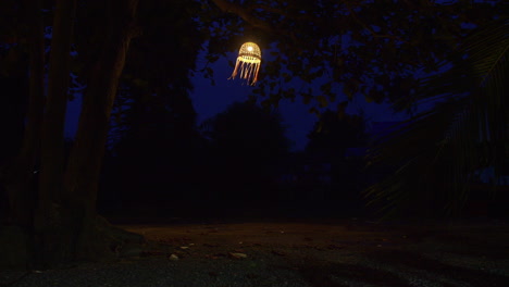 Linterna-Brillante-Que-Cuelga-En-El-árbol-En-La-Noche-En-Tiempo-Ventoso,-Tailandia