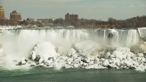 Beautiful-static-view-of-Niagara-Falls-over-icy-rocks-in-wintertime