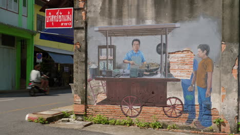 Wandkunst-Eines-Verkäufers,-Der-Streetfood-An-Kunden-In-Asien-Verkauft