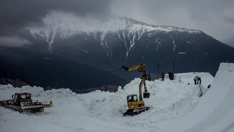 Timelapse-of-ski-slope-preparation-on-a-snowy-day-on-top-of-a-mountain