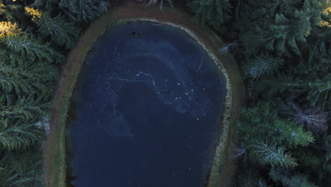 Drone-shot-of-a-round-lake-in-winter