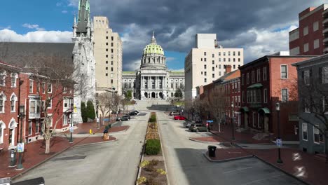 Aerial-tilt-up-reveal-of-PA-capital,-Harrisburg-and-capitol-building-on-long-State-Street