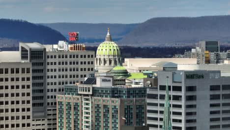 Aerial-reveal-of-Harrisburg-Capitol-building-rotunda-in-Pennsylvania