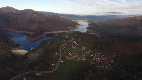 Aerial-View-of-Dam-and-Village-of-Lindoso-in-Portugal