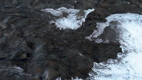 Slowly-flowing-clear-water-river-between-ice-layer-in-winter-season---close-up-shot
