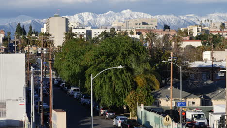 Snowcapped-San-Gabriel-Mountains-from-MacArthur-Park,-Los-Angeles-after-Historic-Snow-Storm-of-February-2023